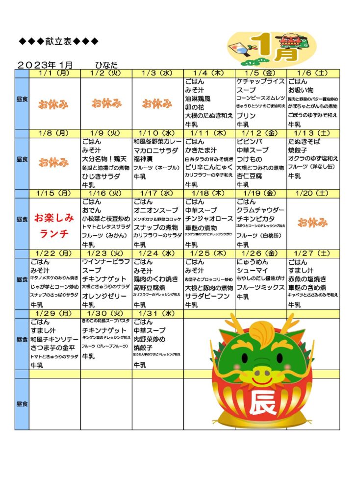 １月の休職メニュー