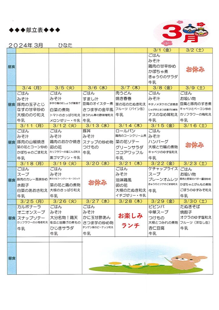 ３月の献立表